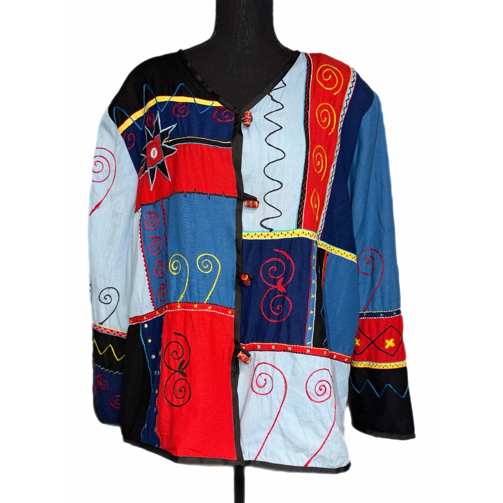 Vintage Indigo Moon Patchwork Embroidered Jacket Plus Size 2X Color Boho Artsy